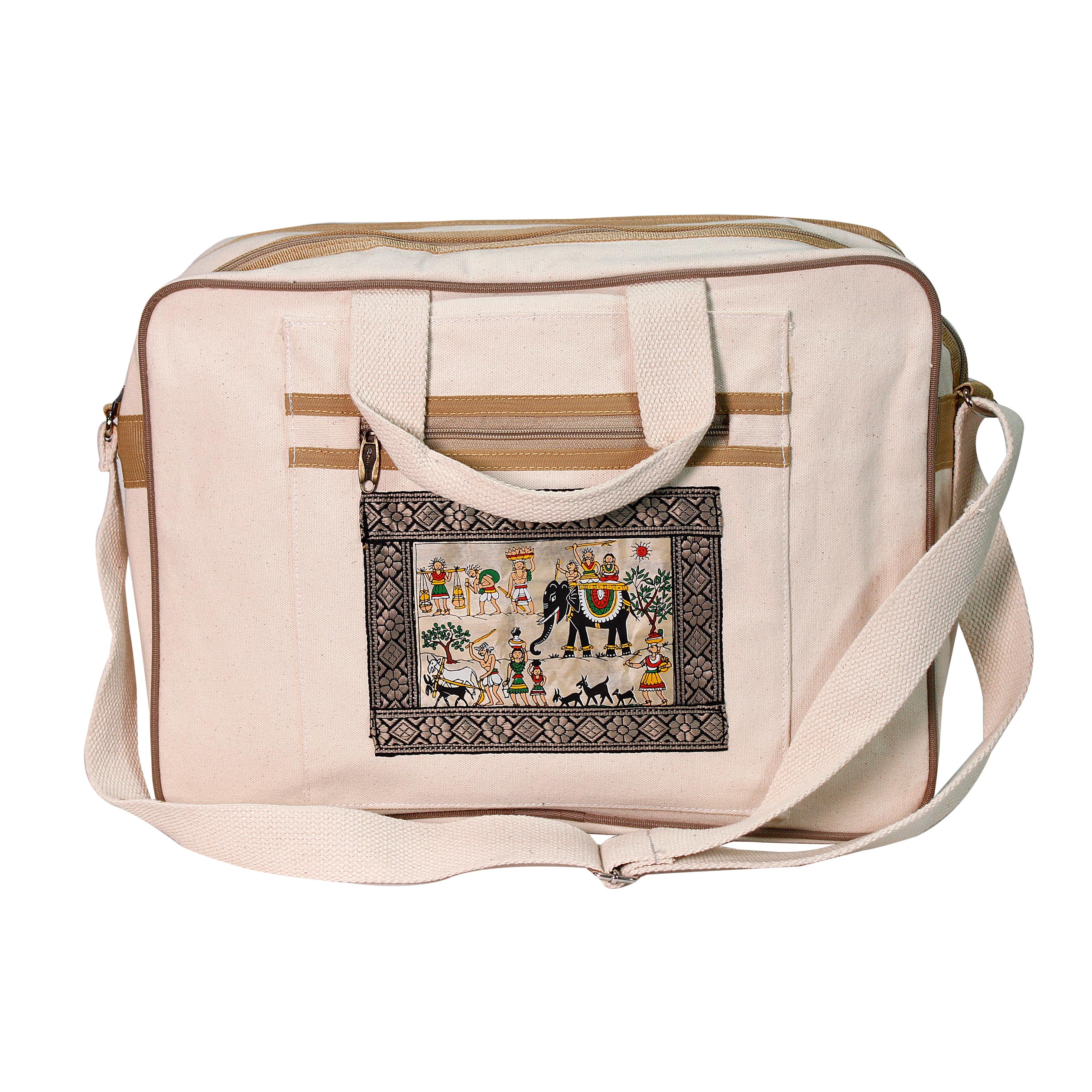 Odisha Handcrafted White & Brown Pattachitra Design Laptop Bag